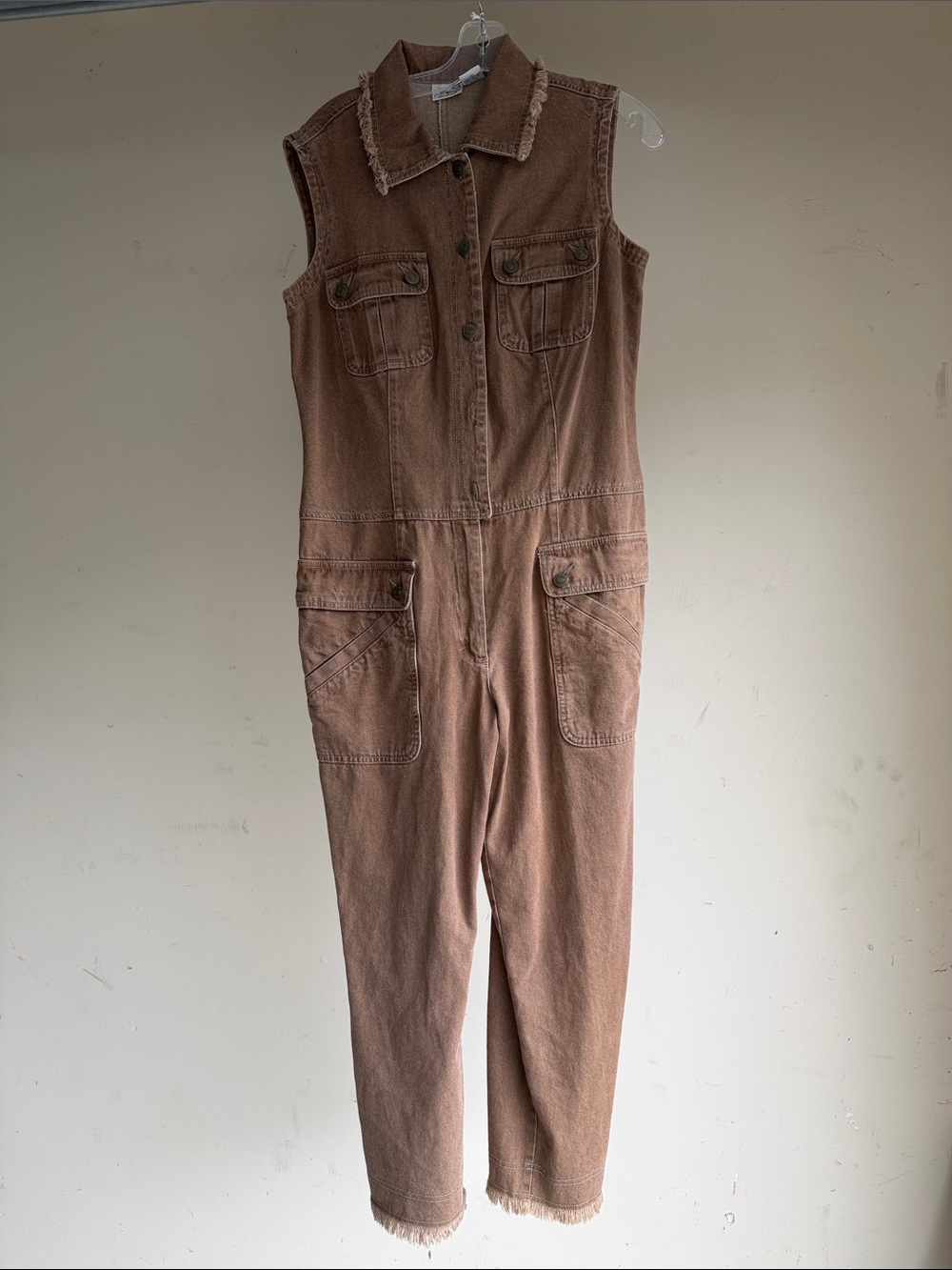 Sleeveless Brown Denim Utility Overalls
